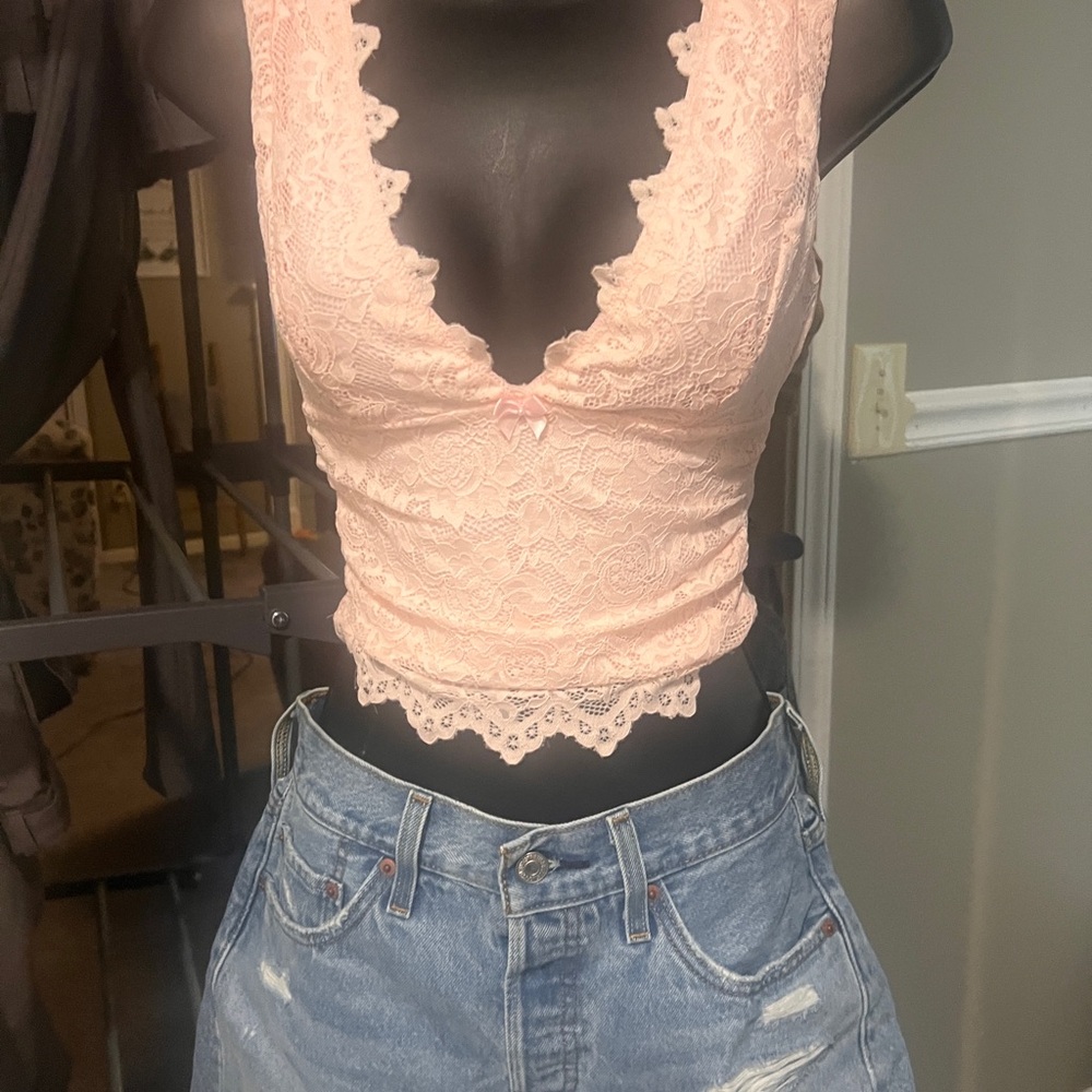 White fox Let's Just Talk Lace Top Baby Pink xx